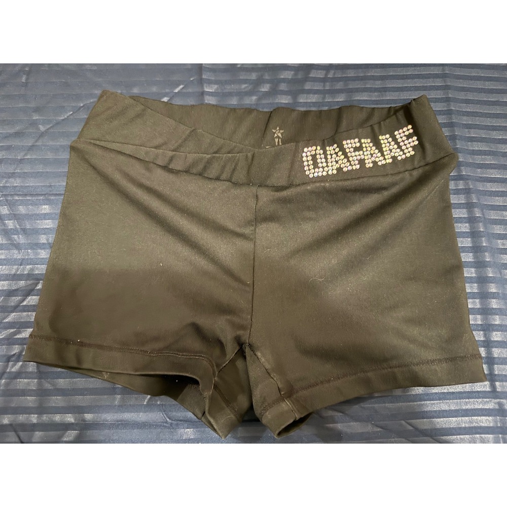 Rebel Athletic Dream Shorts Black Rhinestone Crossover Waist Cheer Dance Kids YL